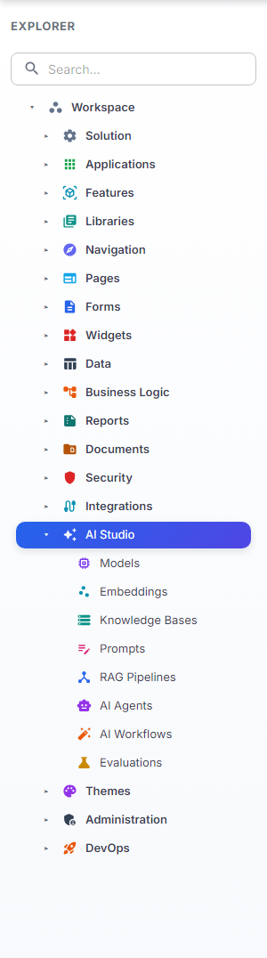 The Explorer tree with the AI Studio branch expanded